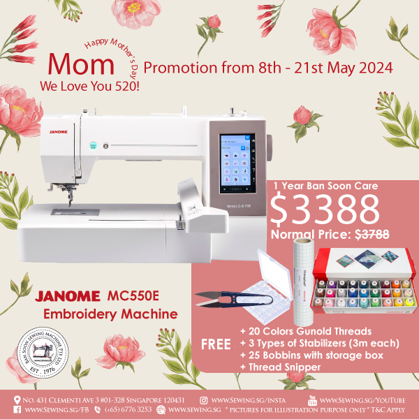 Mothers Day & 520 Promotion - Janome Memory Craft 550E Embroidery Sewing Machine + FREE 1 Year Ban Soon Care Unlimited Training + WhatsApp Support