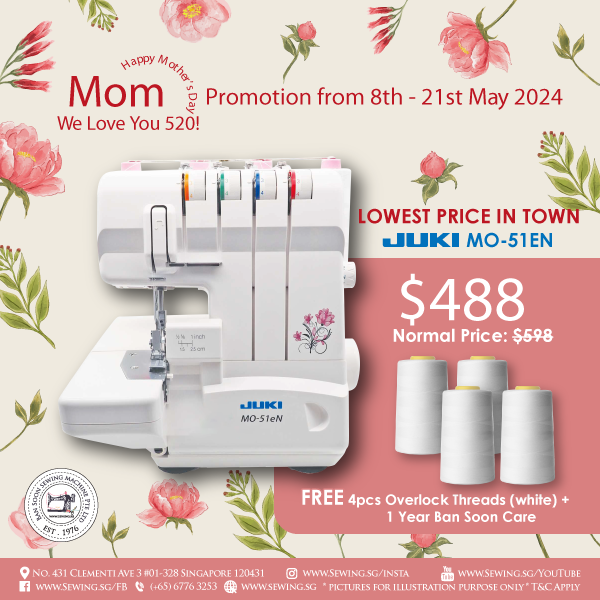 Mothers Day & 520 Promotion - Lowest Price In Town! Juki MO51eN Overlocking Machine / Serger Twin Needles, 3 and 4 thread + FREE 4 Overlock Threads