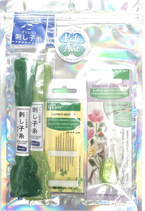 Sashiko Accessories Clover Threader and 1 pack of Needles with the green threads 2 skeins of Sashiko Embroidery threads Sashiko accessories Sashiko clover threader Sashiko needle A thread that is shiny, slippery, and easy to pierce. The blur mix is short pitch. Ideal for creating voluminous works. A thread suitable for sashiko and flower cloth that values the original texture of the thread. Made of 100% cotton with a gentle touch, it is easy to stab and can be widely used by beginners to advanced users.