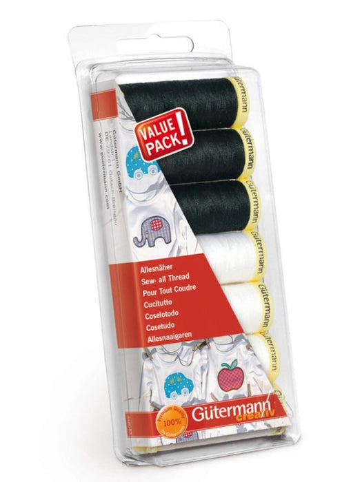 INSTOCK Gutermann Creativ Premium Quality 100% Sew - 7 Reels Sew-all Thread Black & White 100 m - Made in Germany.