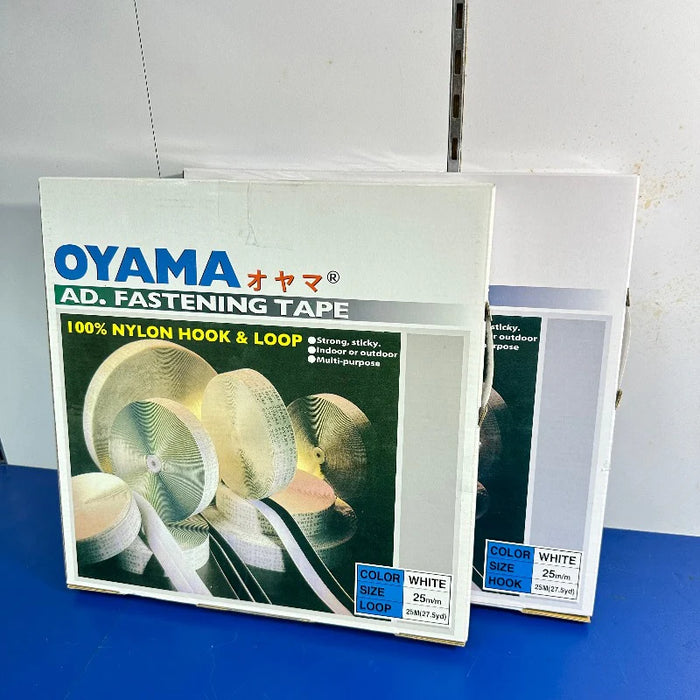 Oyama Velcro with Adhesive Tape 25mm BLACK or WHITE - Retail*1 1 inch, 25mm, 25m box, WHITE, Hook and Loop, complete set.