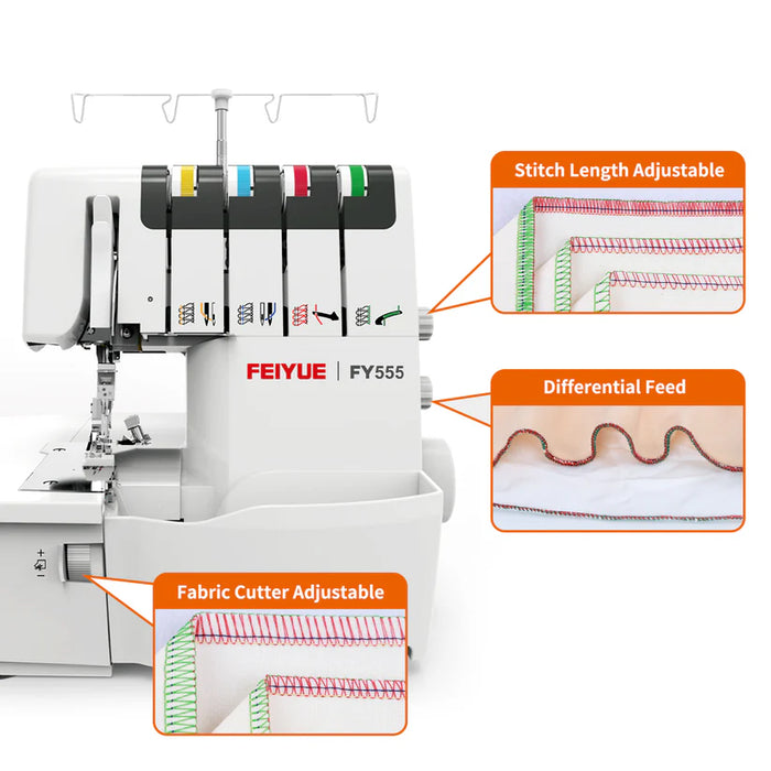 FEIYUE FY555 Overlock Sewing Machine – One-Step Air Threader, 2/3/4 Thread, Differential Feed