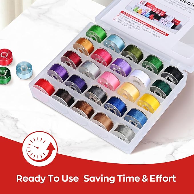 Richword Prewound Embroidery Bobbins – 25PCS Color Set, Size A (70D/2 Polyester)