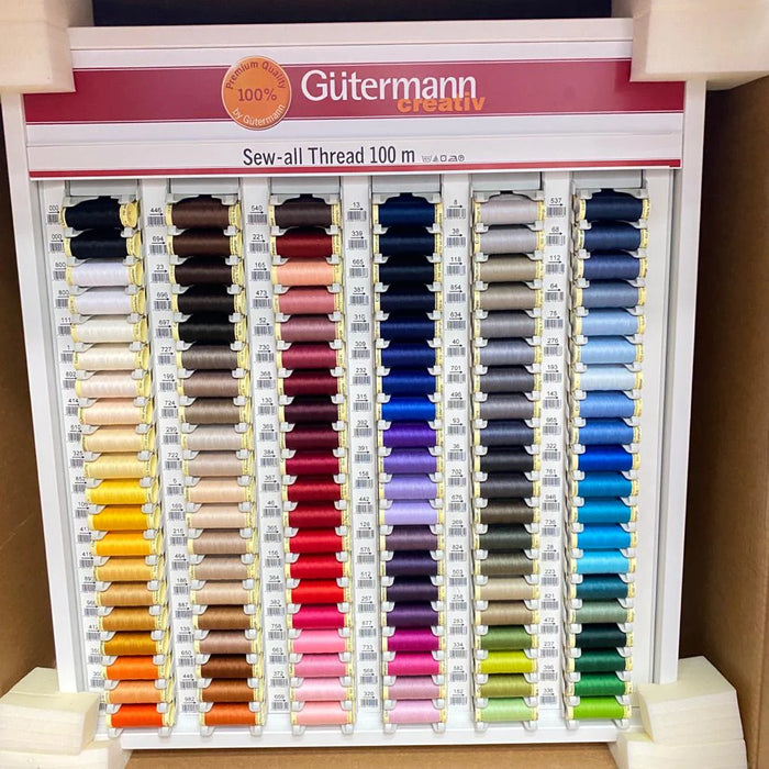 Gutermann Box, Creative Premium Quality 100% Polyester, Sew-all threads in complete set of 120 colours, including display Cabinet. Made in Germany. Export Packaging: 63x39x70H cm, Gross Weight: 20kg