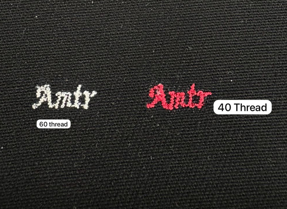 Poly 60, having a smaller thread core diameter than the Poly 40, can produce clearer definition when stitching of any alphabet that is below 5 MM in height