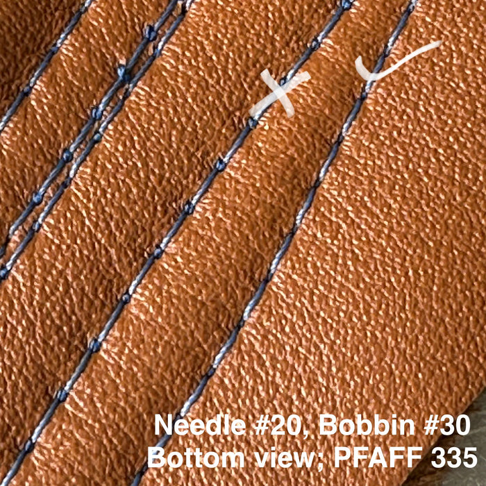 Bottom Side, close-up of brown leather with sewing stitches by PFAFF 335, Needle Thread Size #20; Bobbin Thread Size #30.