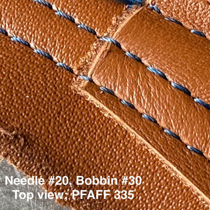 Top side close-up of brown leather with sewing stitches by PFAFF 335, Needle Thread Size #20; Bobbin Thread Size #30.