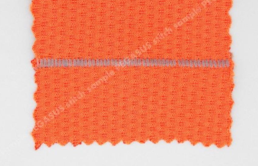 A closeup stitch sample of PEGASUS MX5203-A-02/223 Serger Overlock Machine, for inner wear seamless technology, Pressure Garments. 'M-stitch' technology developed by PEGASUS.
