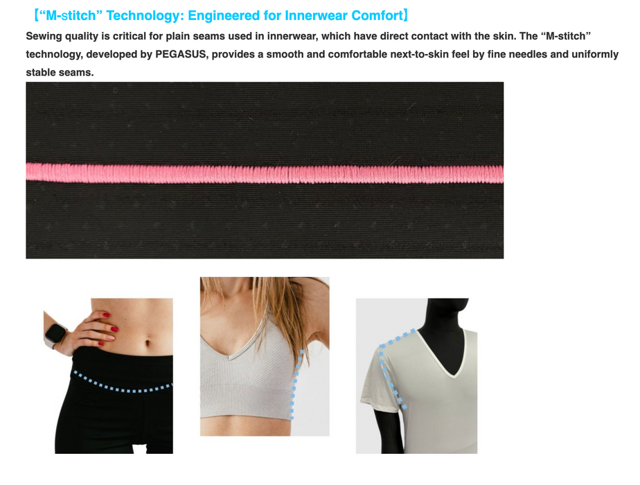 Applications and closeup stitch sample of PEGASUS MX5203-A-02/223 Serger Overlock Machine, for inner wear seamless technology, Pressure Garments. 'M-stitch' technology developed by PEGASUS.