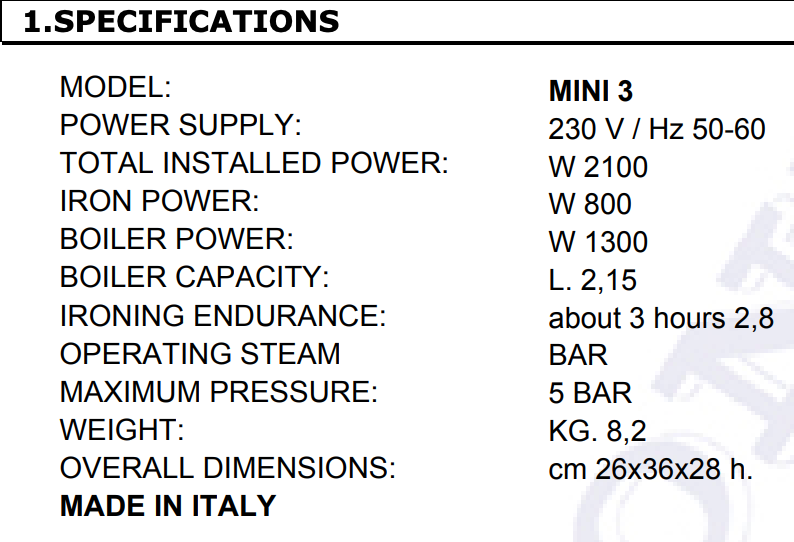 Technical Specs. Steam Generator | ROTONDI Group Mini 3 (Product Number: R105)