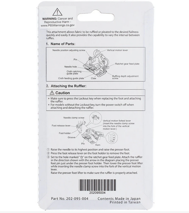 Janome Ruffler (Original)  – AcuFeed Ruffler Foot for 9mm Max Stitch Width Machines (202095004)