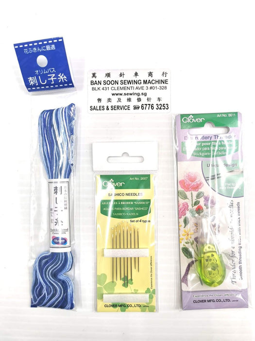 Sashiko Accessories Clover Threader and 1 pack of Needles with 1 graduated blue skeins of Sashiko Embroidery threads Sashiko accessories Sashiko clover threader Sashiko needle A thread that is shiny, slippery, and easy to pierce. The blur mix is ​​short pitch. Ideal for creating voluminous works. A thread suitable for sashiko and flower cloth that values ​​the original texture of the thread. Made of 100% cotton with a gentle touch, it is easy to stab and can be widely used by beginners to advanced users.