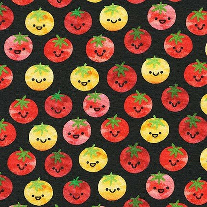 Fabric 100% Cotton Medium Weight Smiley Tomato Black Base Chilli Smile Collection Smiley Tomato - Chilli Smile 1yard x 44"