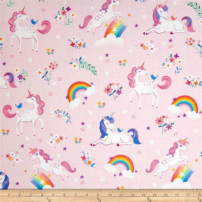 Fabric 100% Kona Cotton Happy Little Unicorns - Pink Base OEKO TEX Standard 100 Certified