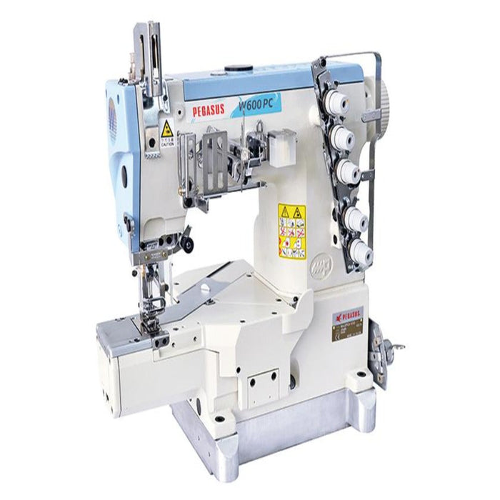 Pegasus Cylinderbed Interlock Stitch Machine or Coverstitch Machine. W600PC Series ECO Selection. + fabric trimmer, rear puller, underbed thread trimmer, DD motor, lint collector, U-shape table, stand with castor wheels.