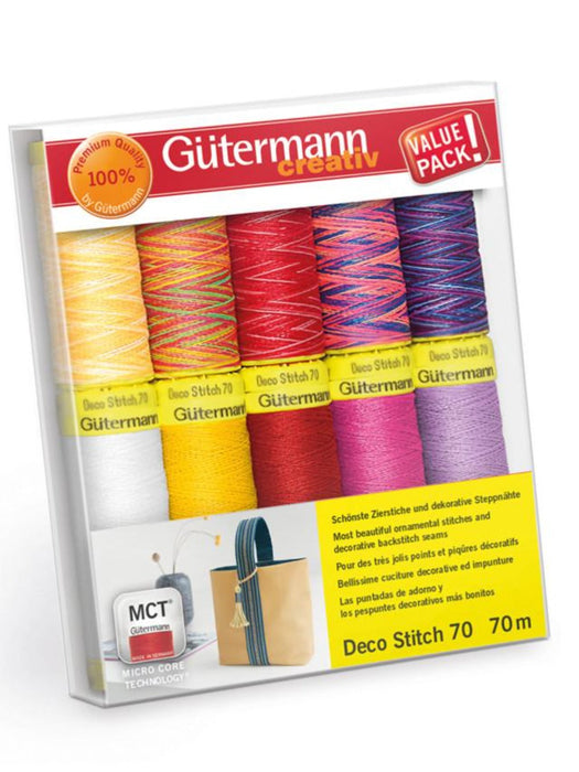 Gutermann Creativ Premium Quality 100% Sew - 10 Reels Deco Stitch 70 In Three Colour Assortments With Solid And Multicolour Threads- Made in Germany.
