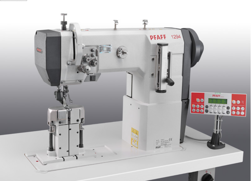 PFAFF 1294-4/01 DL X 2.4 MN (+ 925/03) - Double Needle Large Vertical Hook Roller Presser Driven and Drop Feed Post-bed Machine Complete Set + Clutch Motor