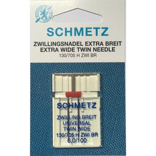 Schmetz Extra Wide Universal Twin Needle Size: 6.0 / NM 100 Fix a wide rubber band on the waistband of trousers or skirts to receive a stretchable seam. With the Extra Wide Universal Twin Needle, you can sew on a wide satin ribbon with just a single seam Colour code: None Coating: Standard Point shape: Slightly rounded point Fabric use: Numerous - wovens and knits. Twin needles are available for most fabrics Twin needle properties are equivalent to single needles.