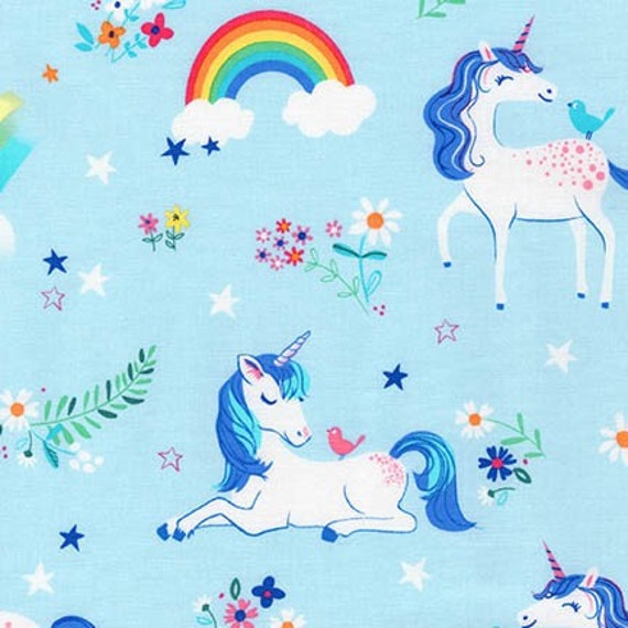 Fabric 100% Kona Cotton Happy Little Unicorns - Blue Base OEKO TEX Standard 100 Certified Happy Little Unicorns Blue Base - 50cm x 44"