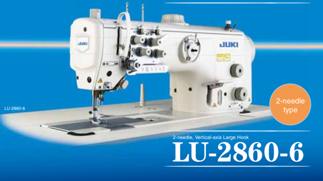 Twin needle, Unison-feed, Lockstitch Machine with Vertical-axis Large Hook. LU2860 SERIES; Semi-dry, Complete set with Table, Stand and Drive system Friendly Version LU2860ACS, with Servo Motor + Positional GAUGE: 8mm; 10mm