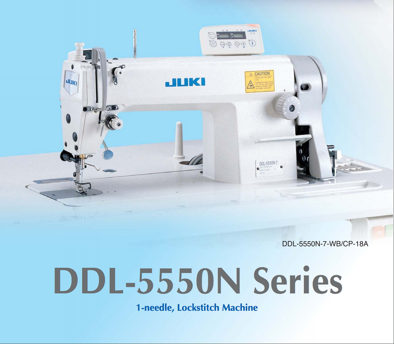 Juki DDL-5550N; Sewing Machine Complete Set with Table, Stand and Motor. DDL5550N Series Single Needle, Lockstitch Machine. Extremely low noise, low vibration and easily deliver superb stitch quality. Made in Japan Light to medium weight + Servo Motor